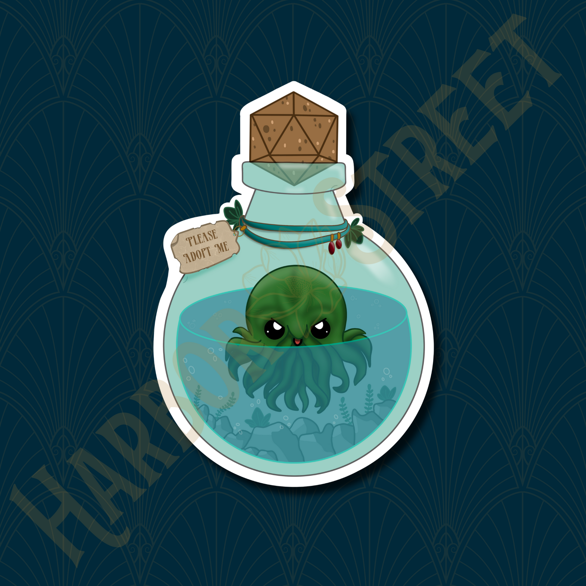 Baby Cthulhu Sticker seen inside a potion bottle with D20 cork 