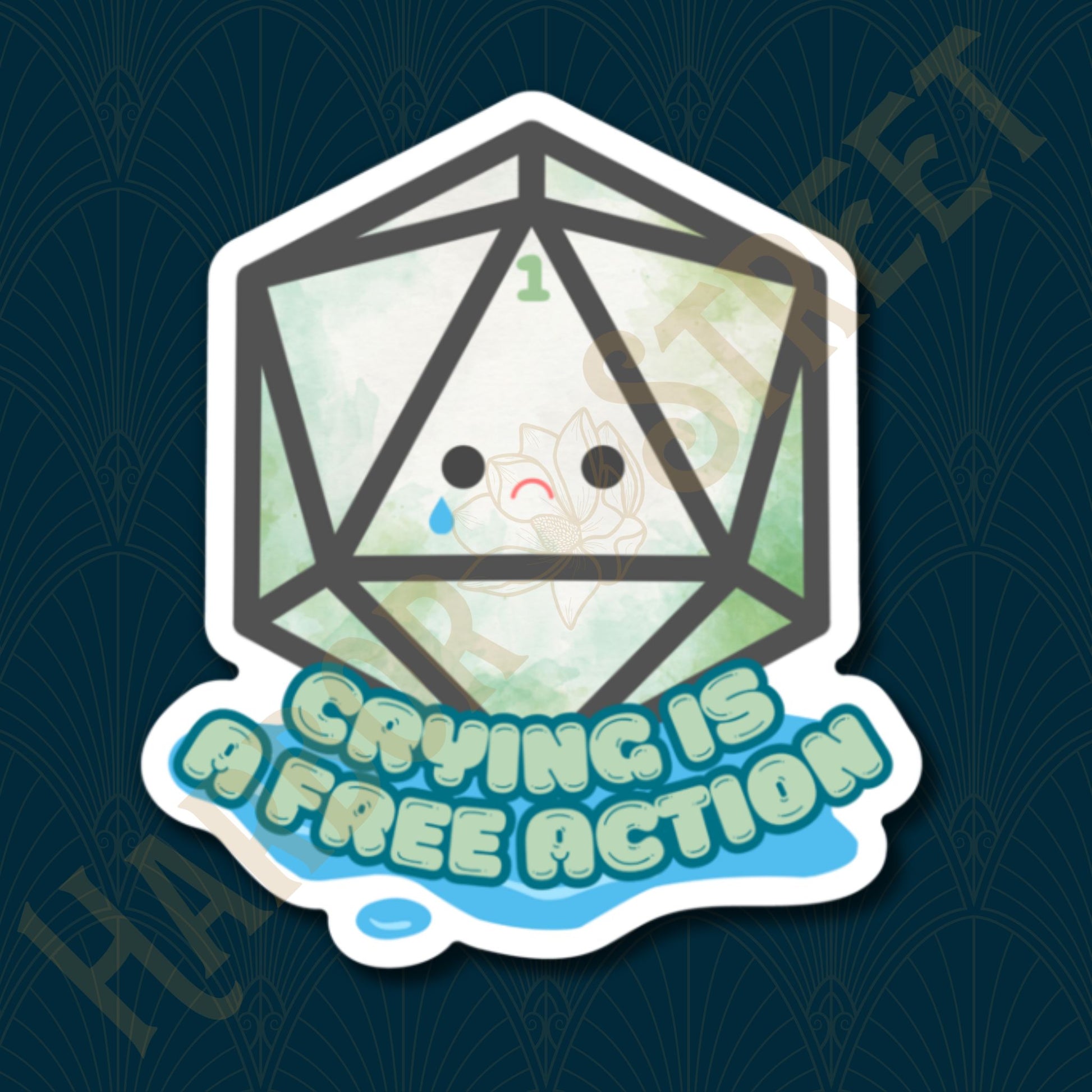 White trimmed vinyl sticker of a sad D20 with bottom text "Crying is a Free Action"