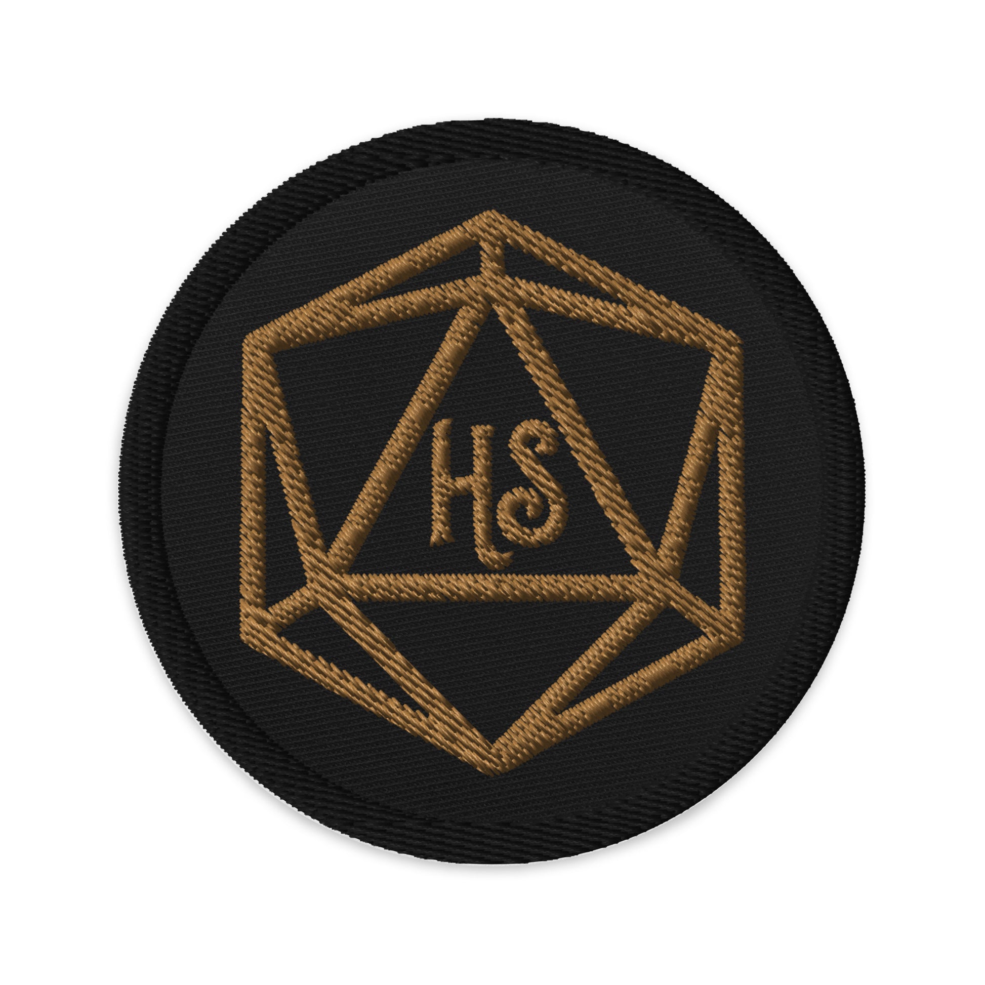 Black circle patch with D20 Harbor Street logo in gold embroidery