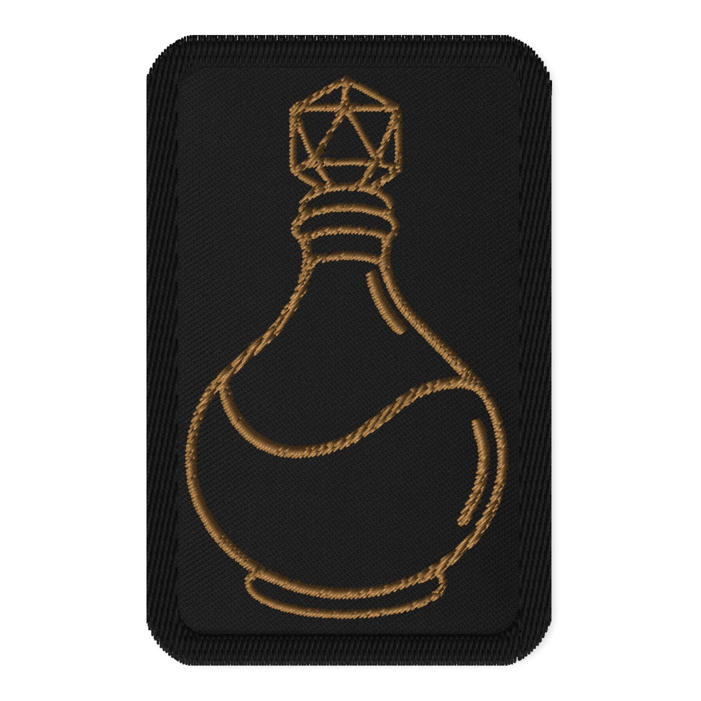 Black rectangle patch with D20 potion bottle in gold embroidery