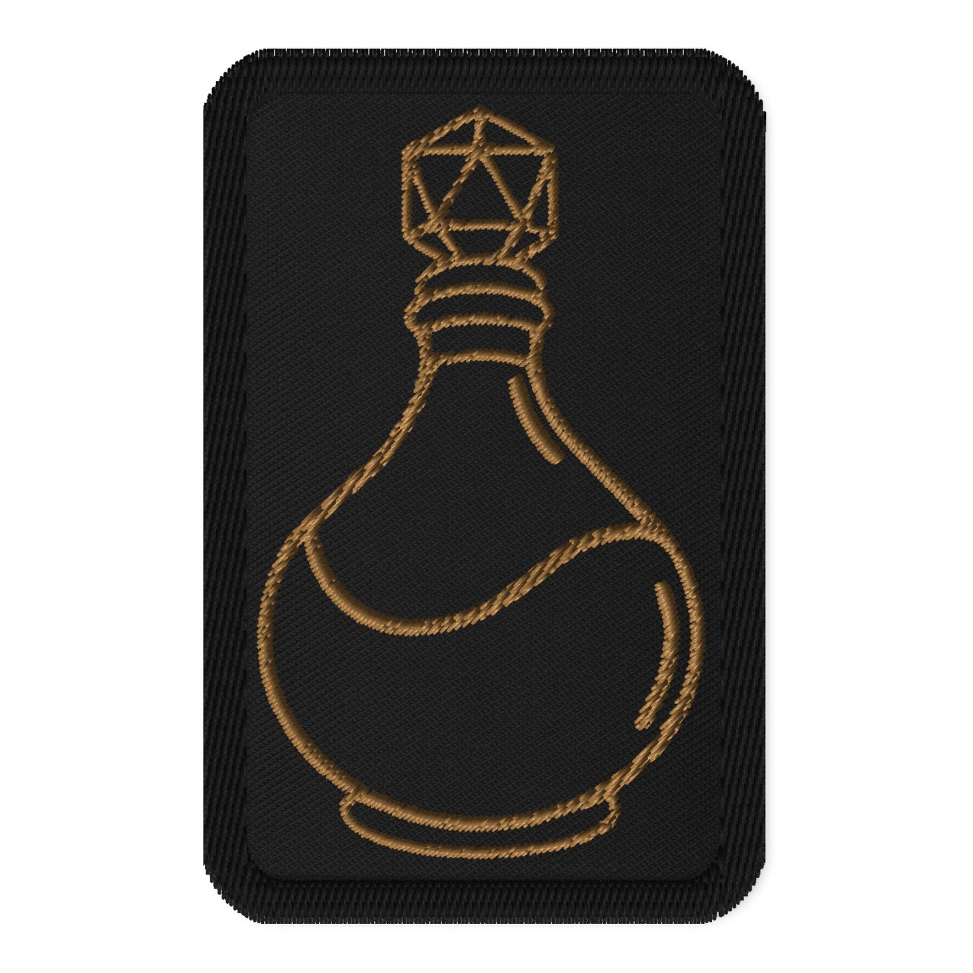 Black rectangle patch with D20 potion bottle in gold embroidery