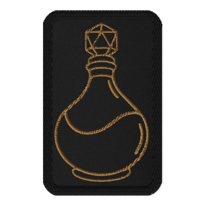 Black rectangle patch with D20 potion bottle in gold embroidery