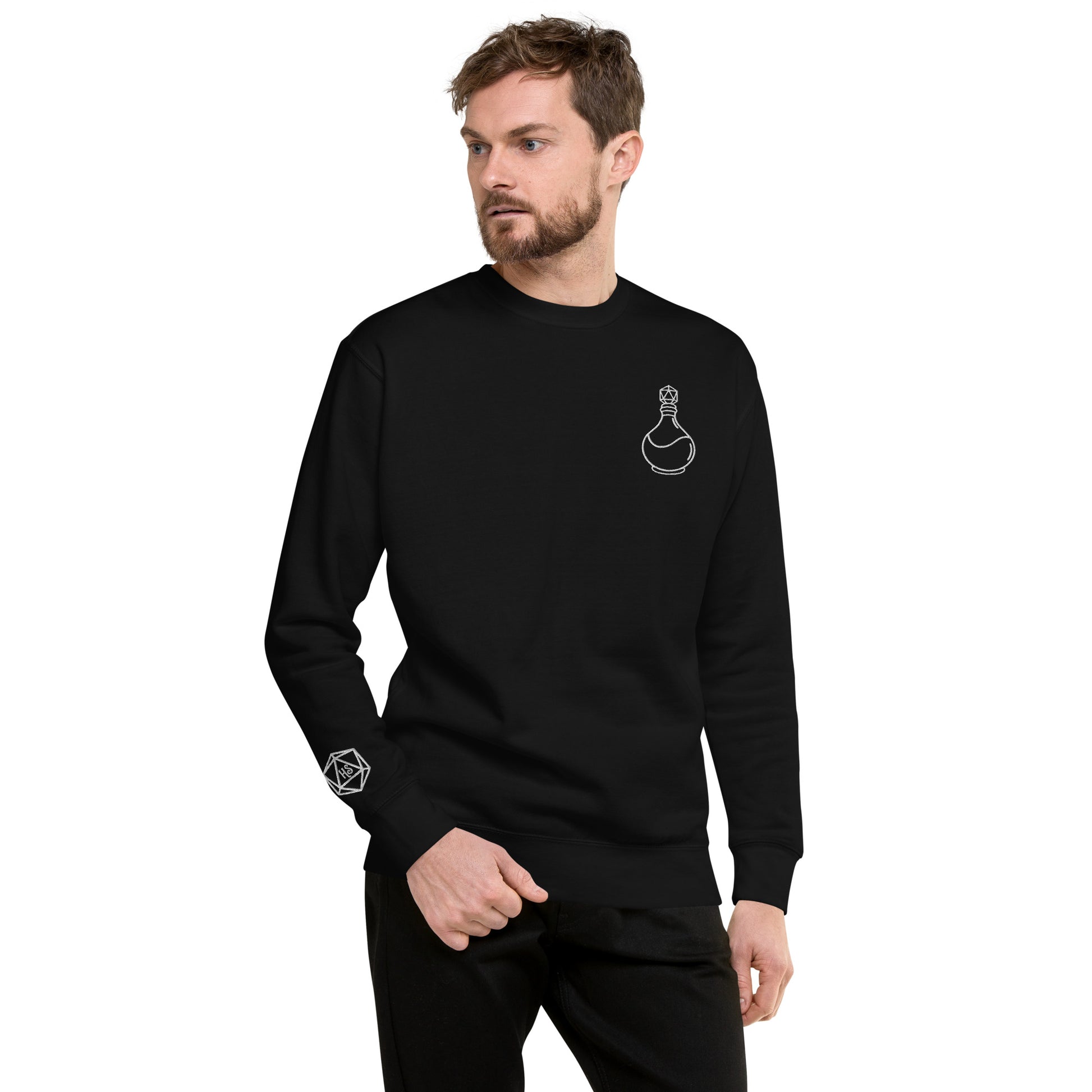 Black long sleeve crewneck sweater with white D20 potion bottle embroidered on the left chest and D20 Harbor Street logo on the right wrist