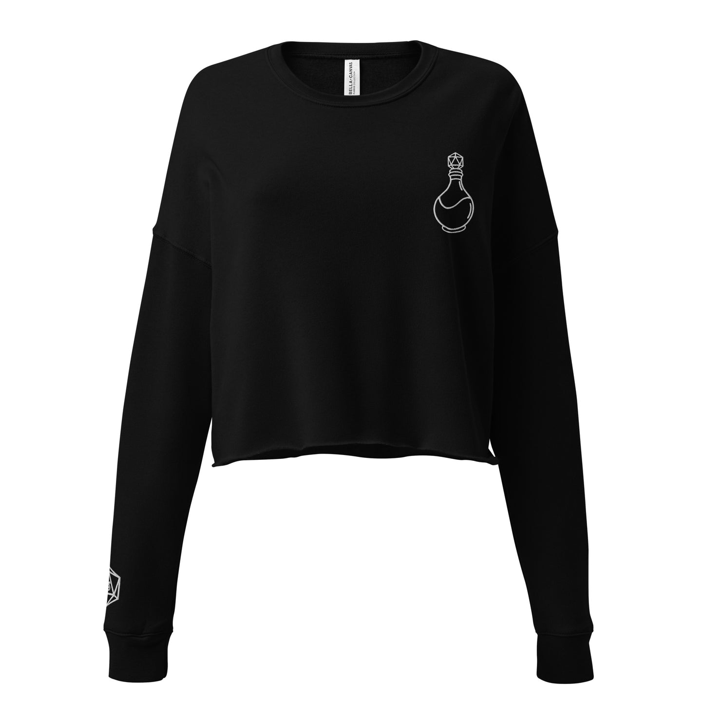 Black long sleeve crewneck crop top sweater with white D20 potion bottle embroidered on the left chest and D20 Harbor Street logo on the right wrist