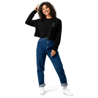 Black long sleeve crewneck crop top sweater with white D20 potion bottle embroidered on the left chest and D20 Harbor Street logo on the right wrist