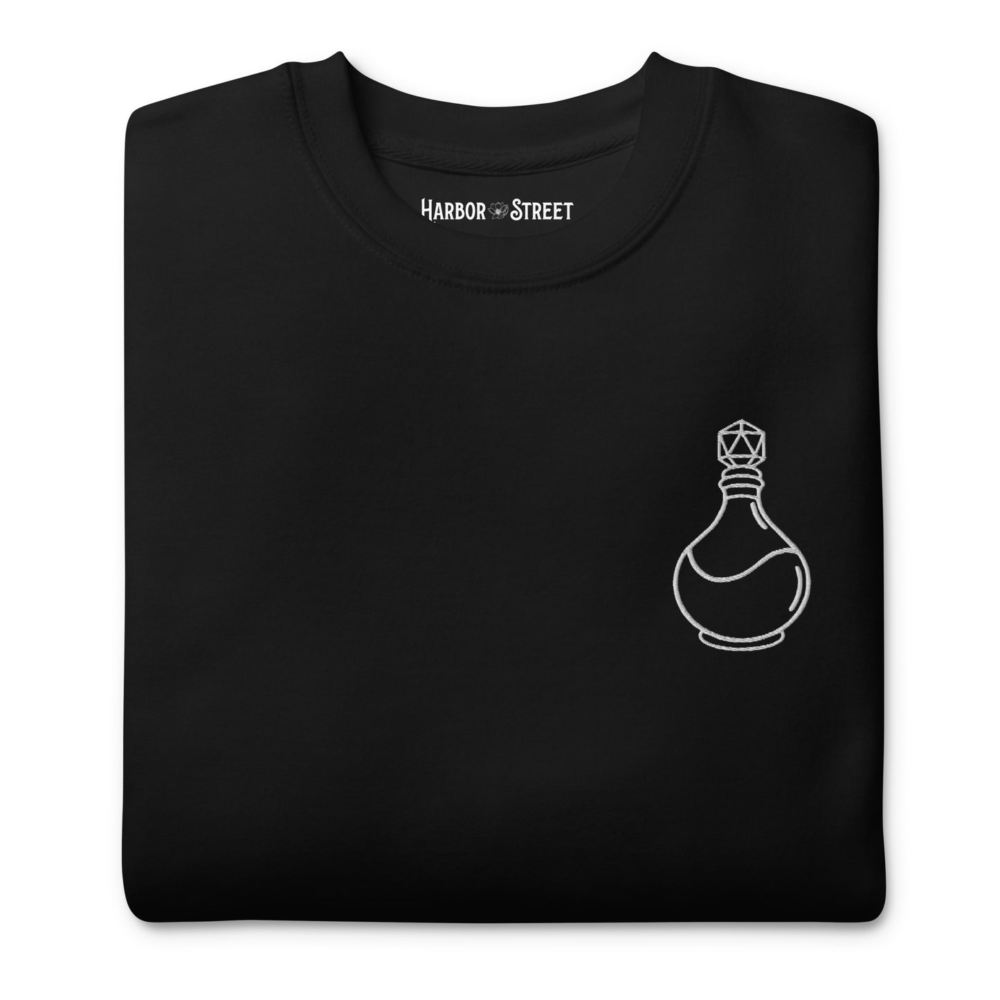 Black long sleeve crewneck sweater with white D20 potion bottle embroidered on the left chest and D20 Harbor Street logo on the right wrist