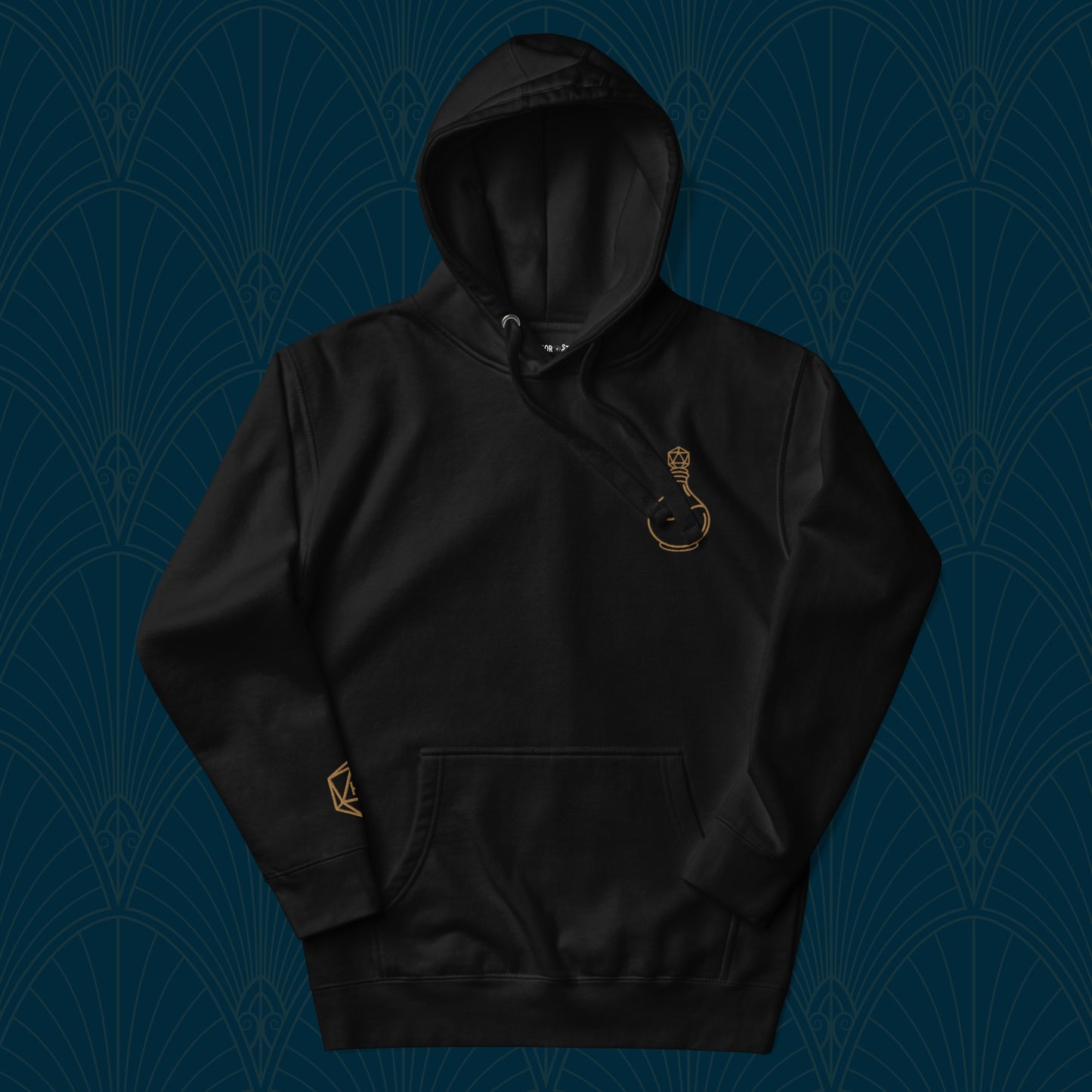 Black hoodie with golden embroidered D20 potion bottle on the left chest and D20 Harbor Street logo on the right wrist