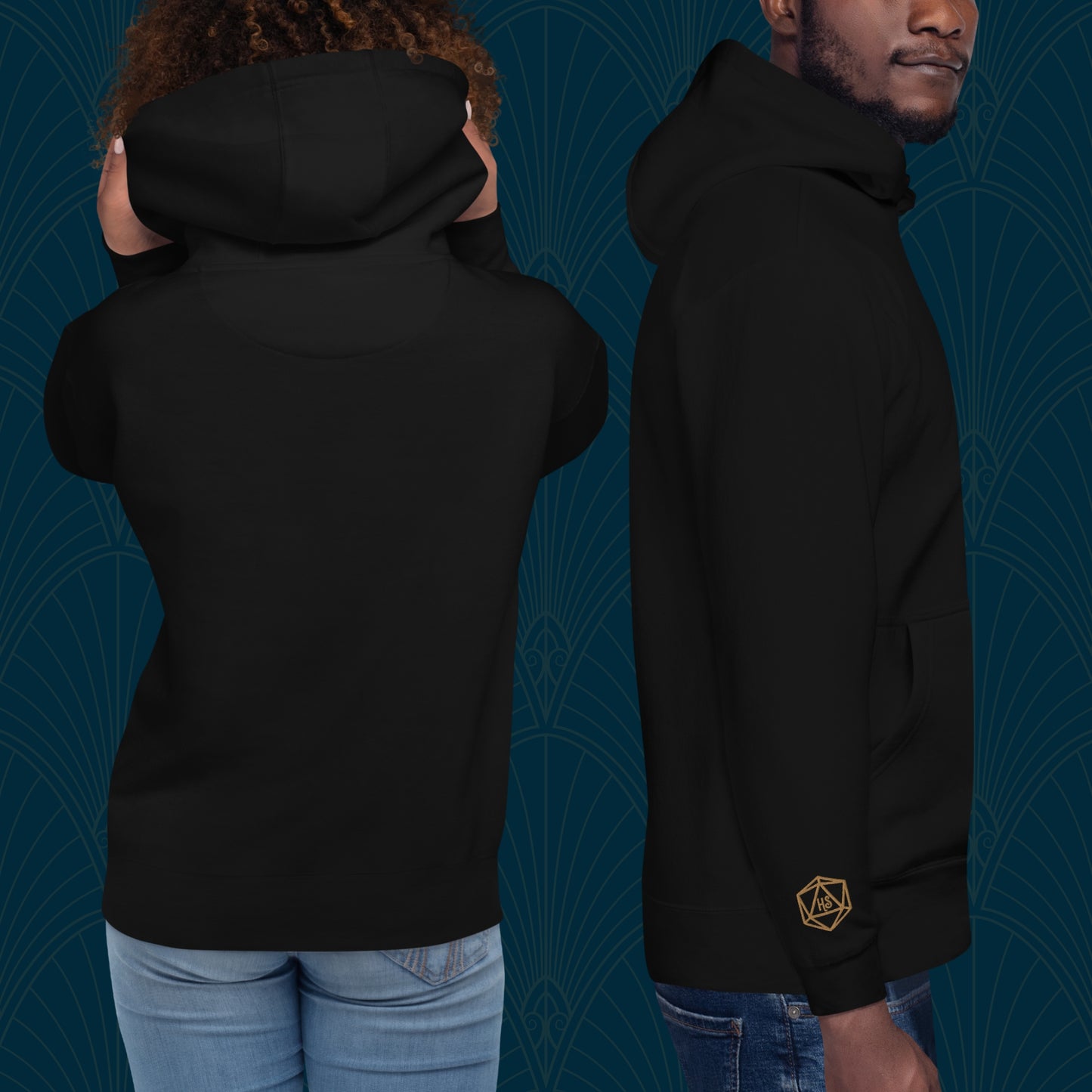 Black hoodie with golden embroidered D20 potion bottle on the left chest and D20 Harbor Street logo on the right wrist