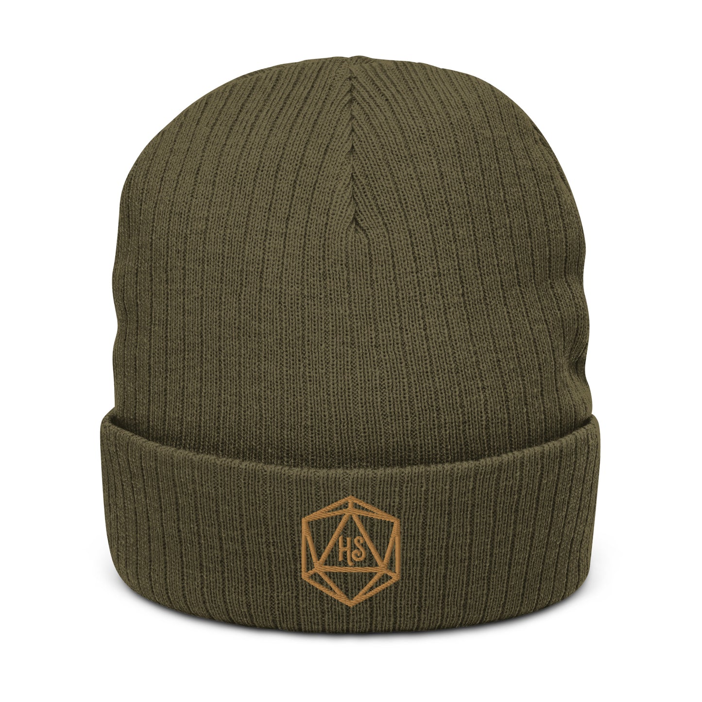 Olive colored ribbed knit beanie with D20 embroidered in the center with HS in the center of the D20