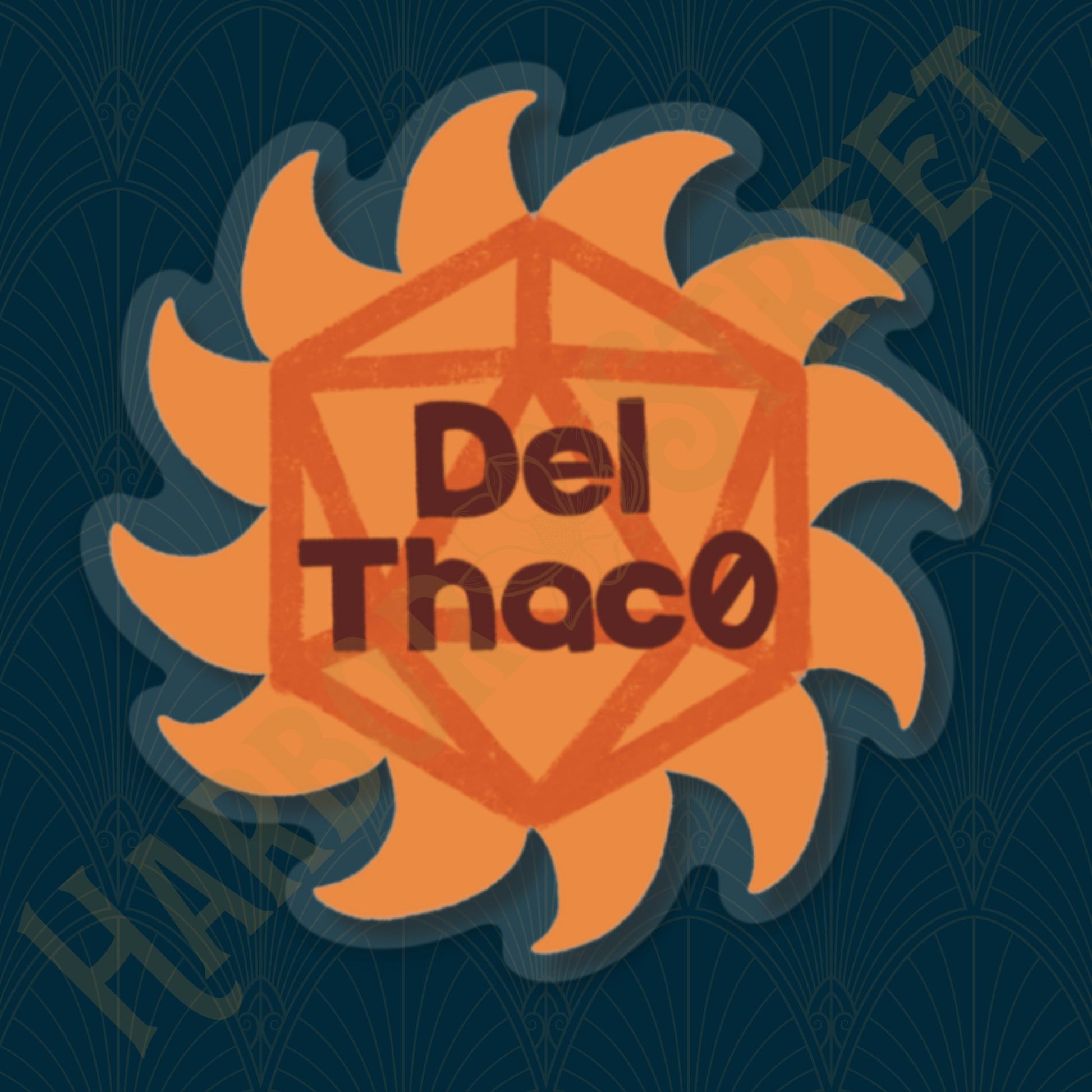 Clear edge vinyl sticker of an orange sun with a burnt orange D20 image and dark text "Del Thac0" in the center