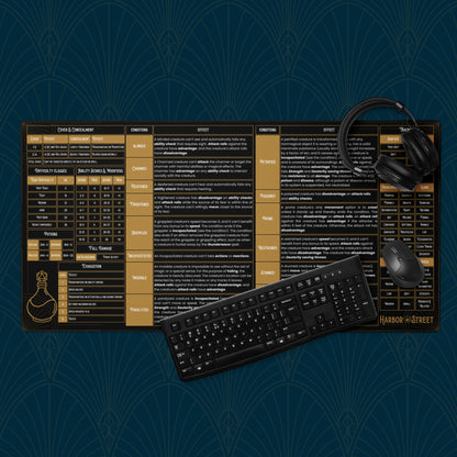 Graphic of the Black GM Play Mat 5E Compatible mousepad with prop keyboard, headphone, and mouse on top. 