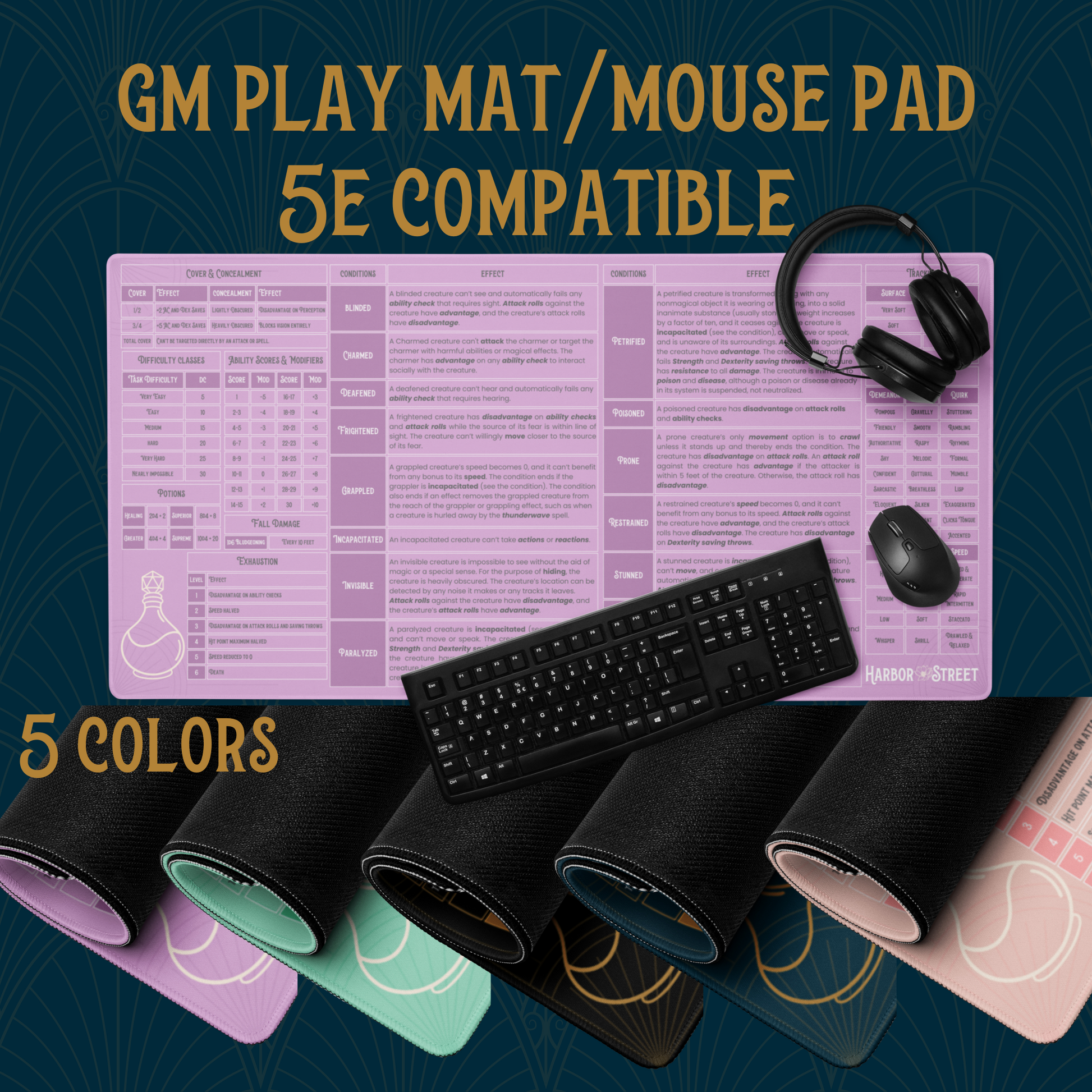 Graphic of the GM Play Mat 5E Compatible mousepad. Five colors available: Black, Blue, Mint, Lilac, and Pink