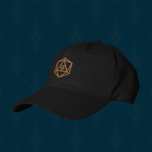 Black dad hat with Harbor Street D20 gold embroidered logo