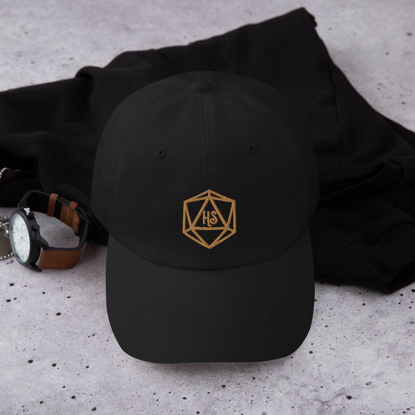 Black dad hat with Harbor Street D20 gold embroidered logo