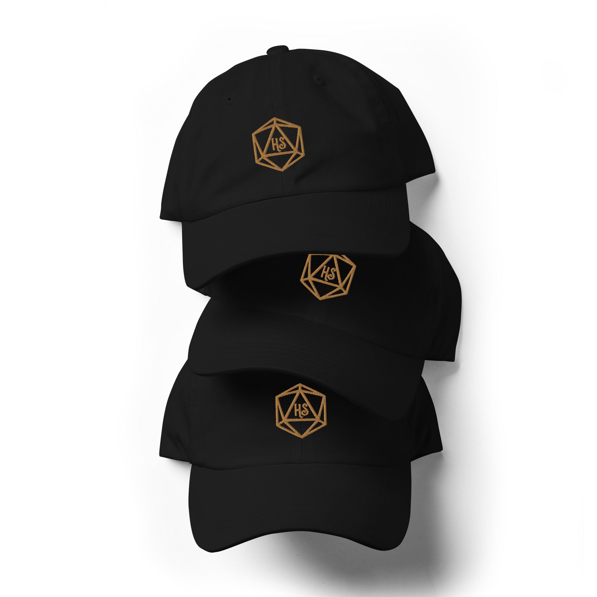 Image of three Black dad hats with Harbor Street D20 gold embroidered logo on white background