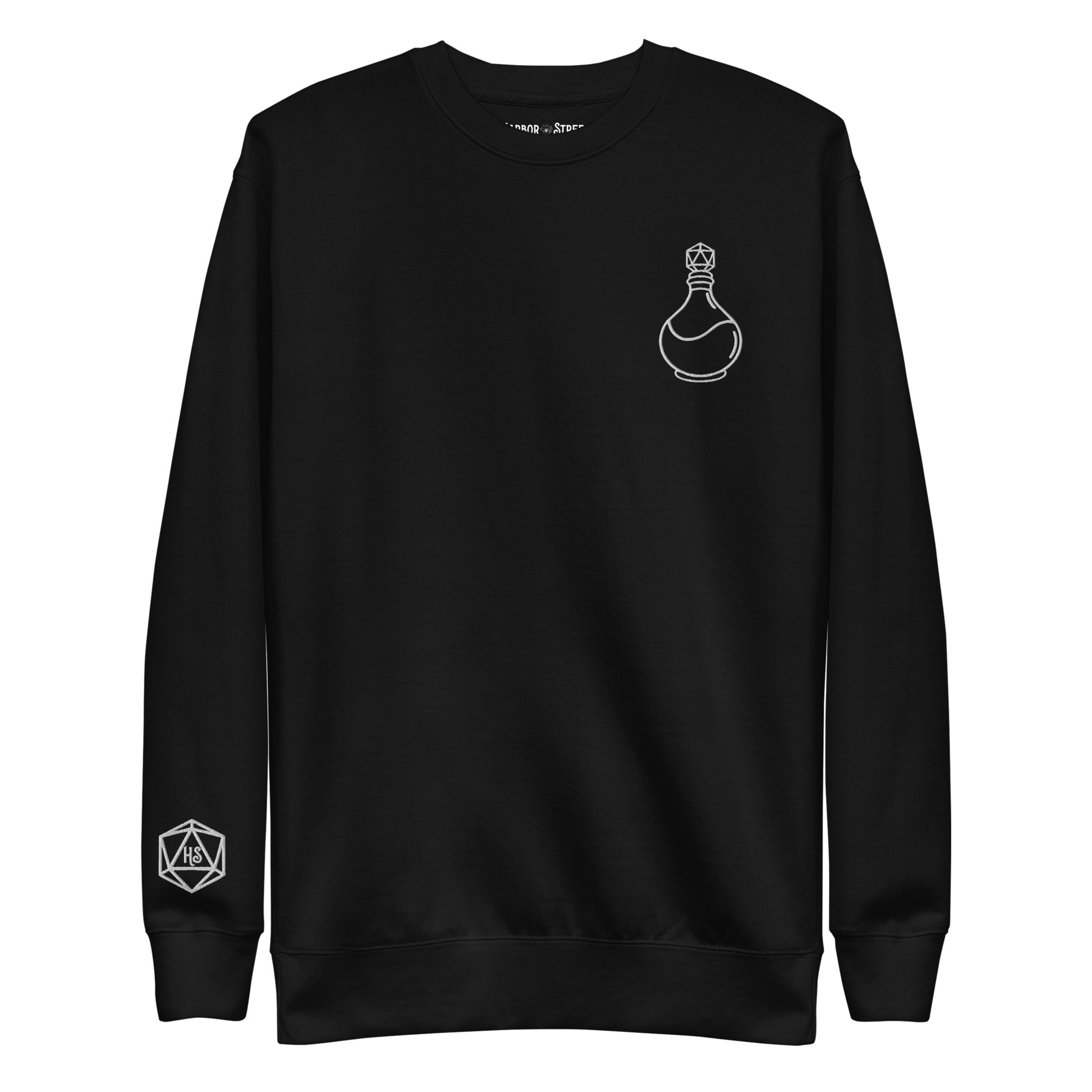 Black long sleeve crewneck sweater with white D20 potion bottle embroidered on the left chest and D20 Harbor Street logo on the right wrist