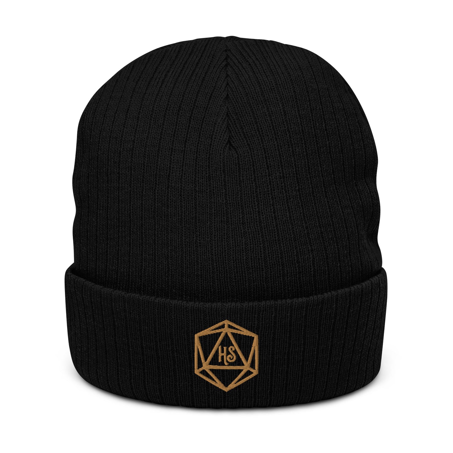 Ribbed Knit Beanie in black with Harbor Street D20 logo embroidered in gold on the front fold