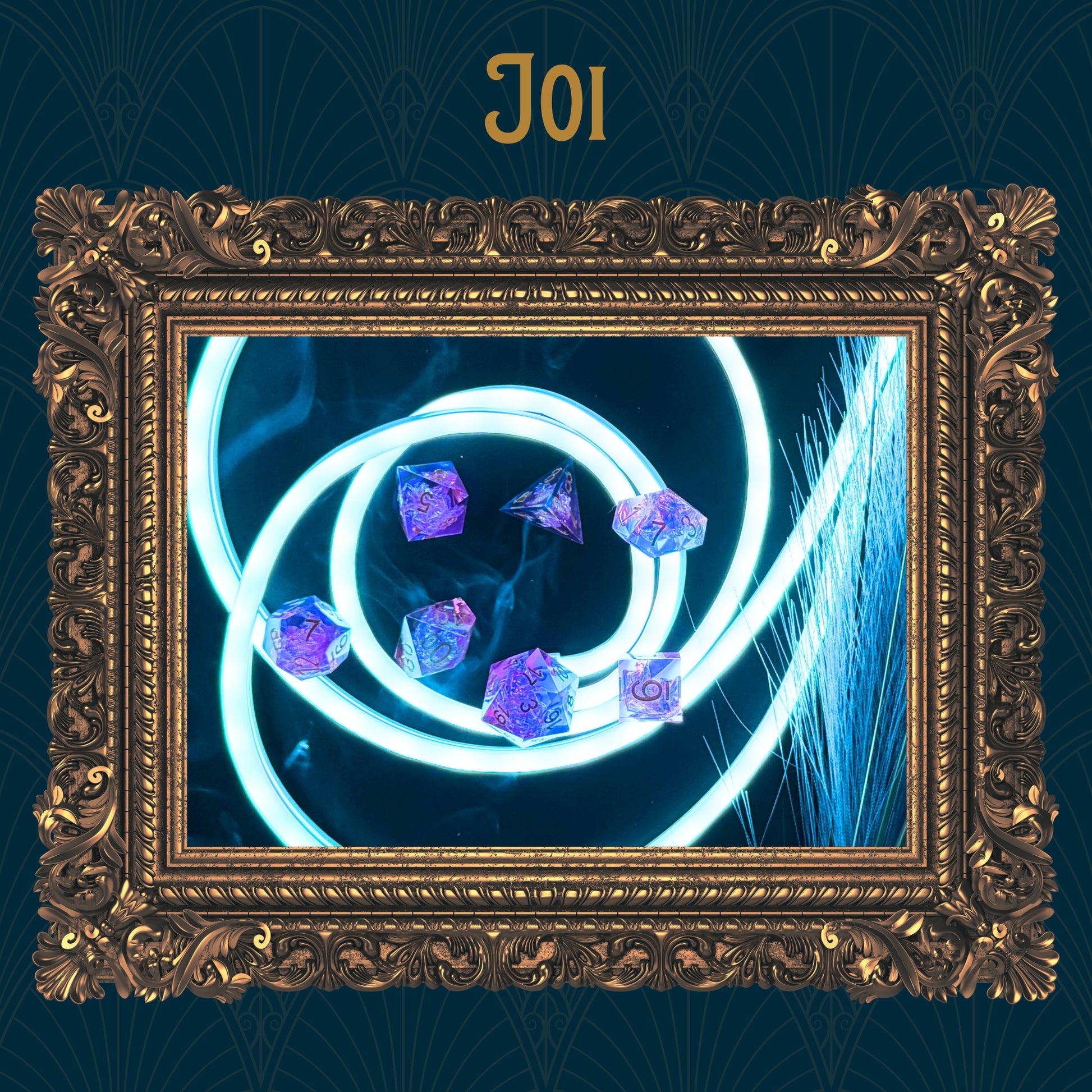 A Joi dice collection of seven polyhedrals is displayed on neon string lights. Bordered in a golden frame display 