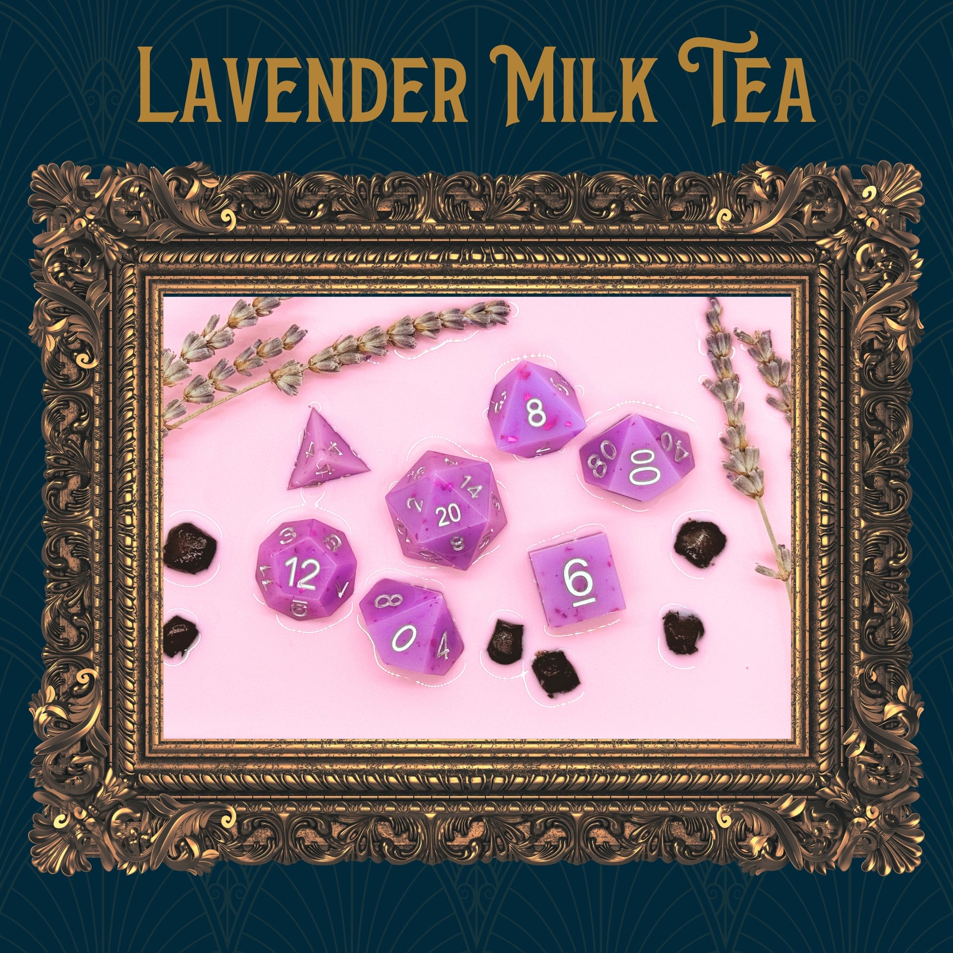 Lavender Milk Tea themed dice displays a photo of 7 polyhedral dice in a golden frame