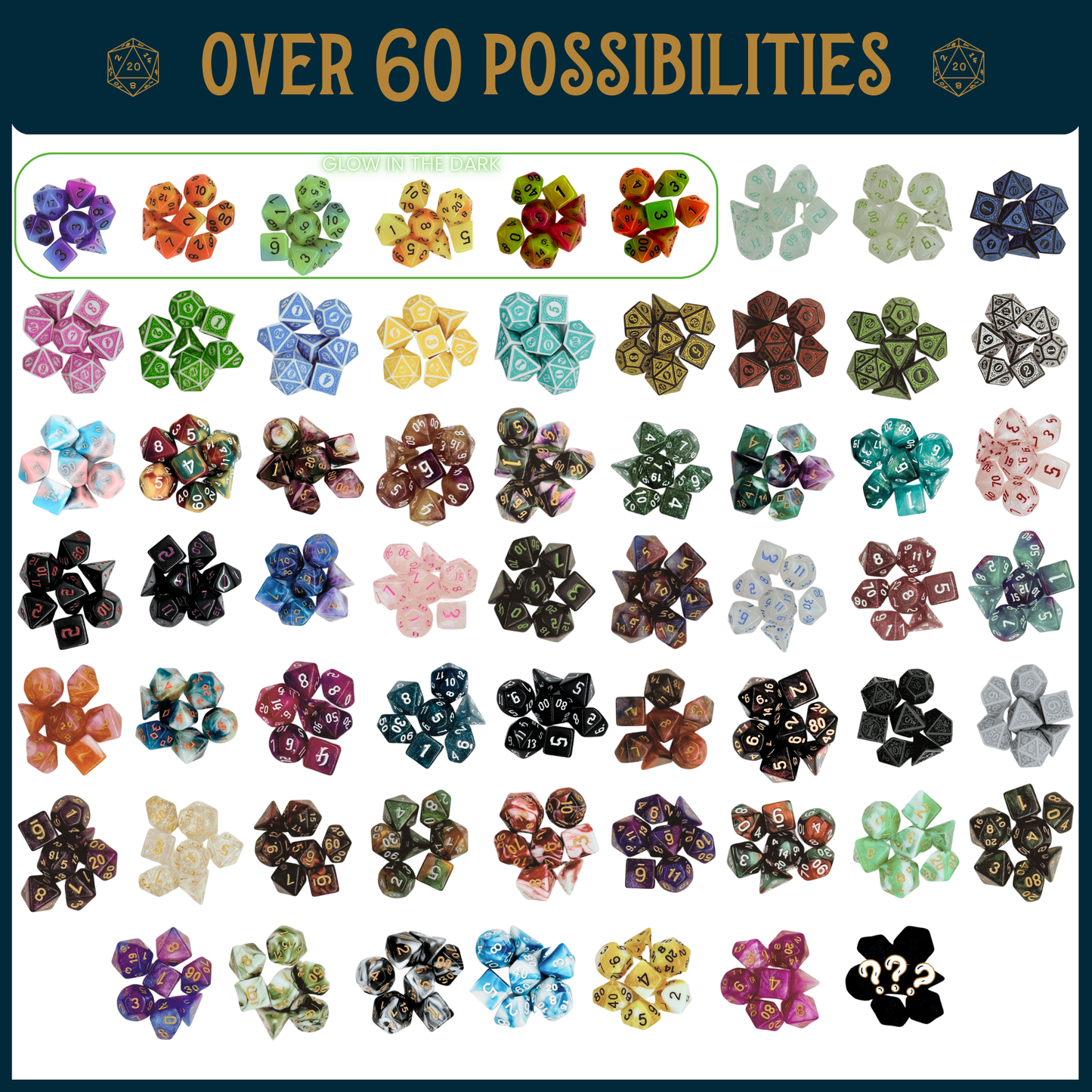 Photo of over 60 possible dice sets for Mr. E's Knock Twice Dice Mystery Dice pouch