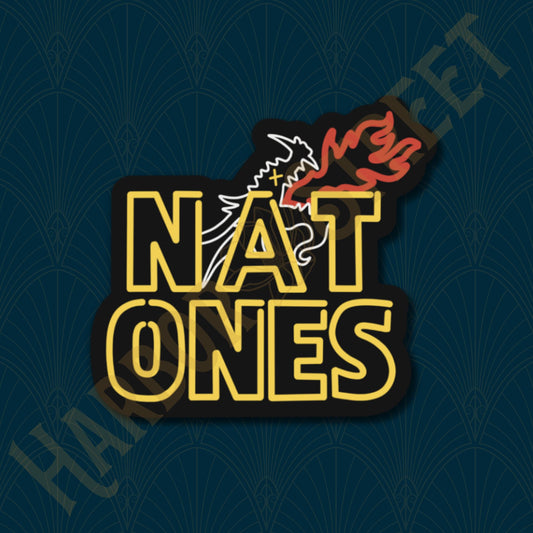 Black edge vinyl sticker with golden neon yellow text "Nat Ones" with a Dragon neon outline shooting flames behind the A text