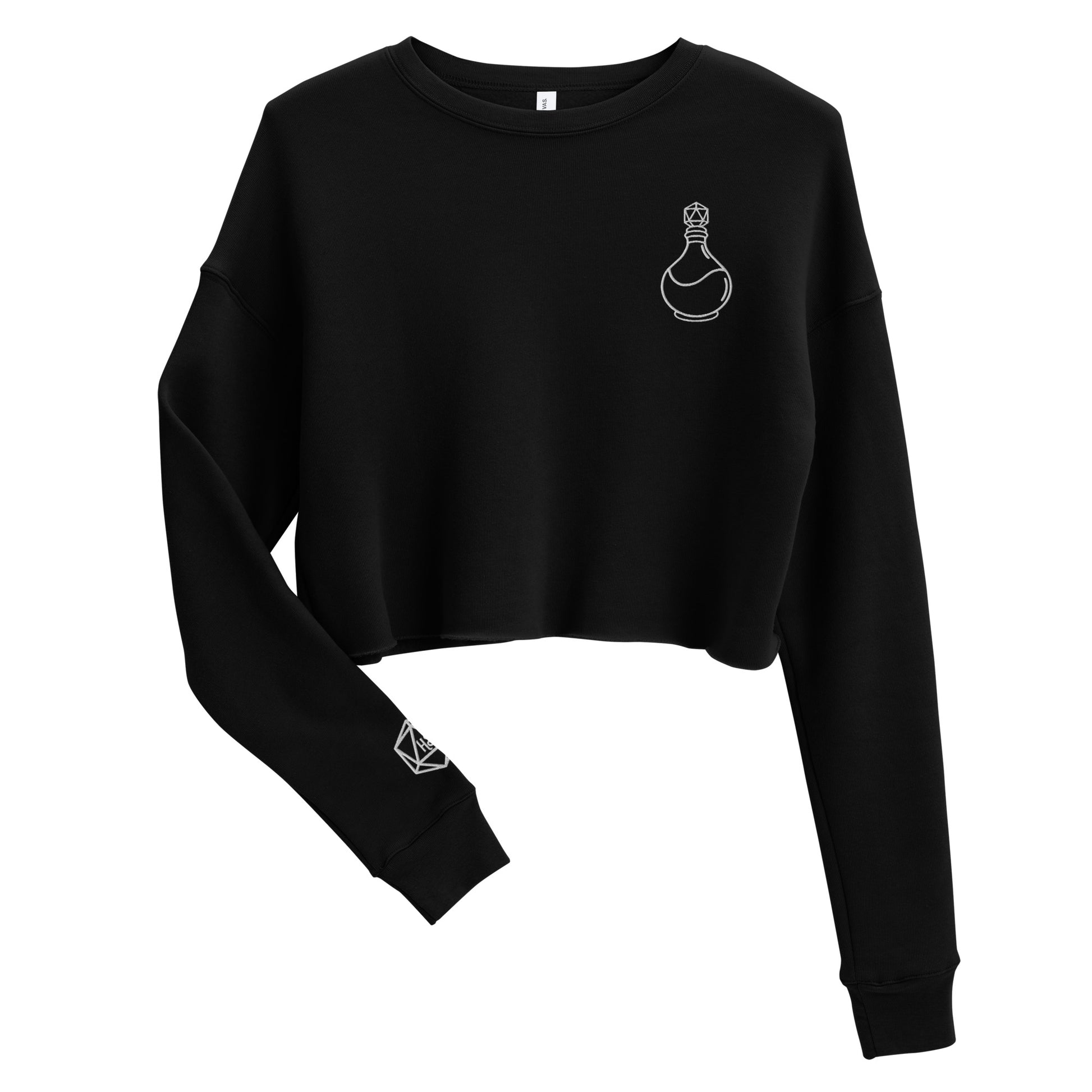 Black long sleeve crewneck crop top sweater with white D20 potion bottle embroidered on the left chest and D20 Harbor Street logo on the right wrist